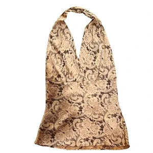 NWOT Vintage Express tan on black floral silk like halter blouse Size Small